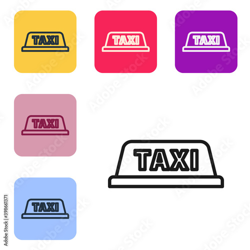 Black line Taxi car roof icon isolated on white background. Set icons in color square buttons. Vector Illustration