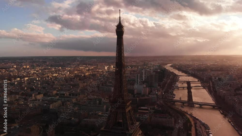 Dark Eiffel Tower aerial footage, Paris, France