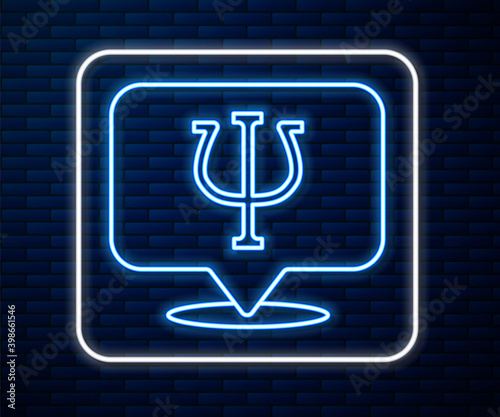 Glowing neon line Psychology icon isolated on brick wall background. Psi symbol. Mental health concept, psychoanalysis analysis and psychotherapy.  Vector.