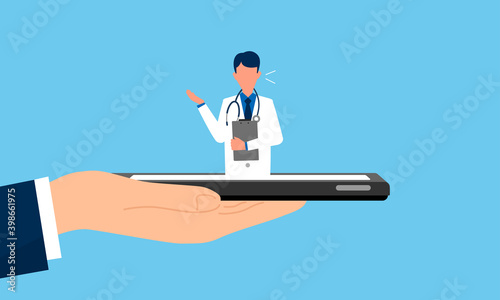 スマホの画面から話す医師、オンラインドクターのイラストイメージ、ベクター素材