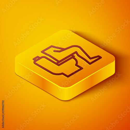 Isometric line Men sitting on the toilet and Constipation are experiencing severe abdominal pain icon isolated on orange background. Yellow square button. Vector.