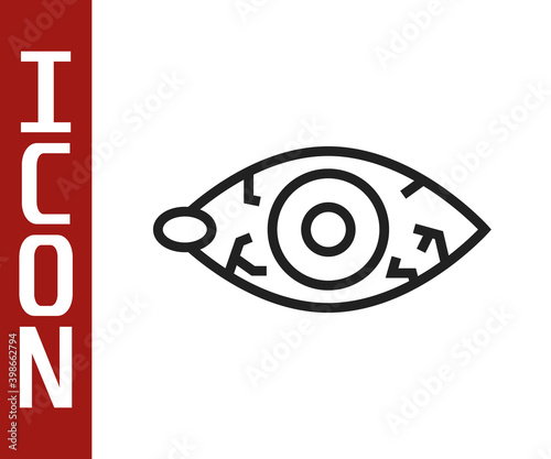 Black line Reddish eye due to viral, bacterial or allergic conjunctivitis icon isolated on white background.  Vector.