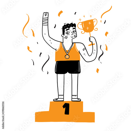 Young man athletes standing up for trophies on the podium, as the winner