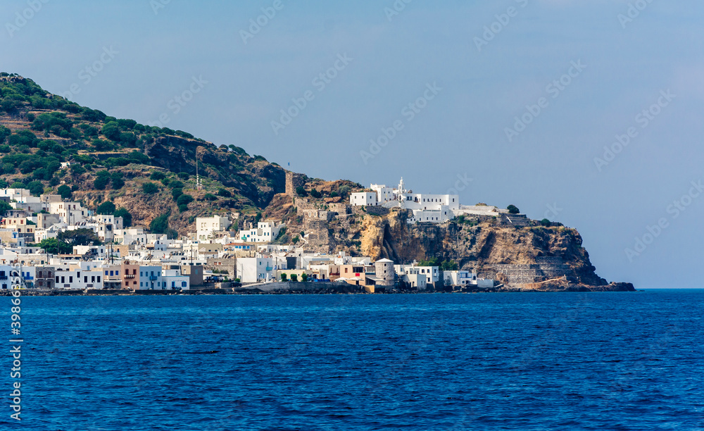 Mandraki Viilage and Panagia Spiliani monastery view from sea in Nisyros Island