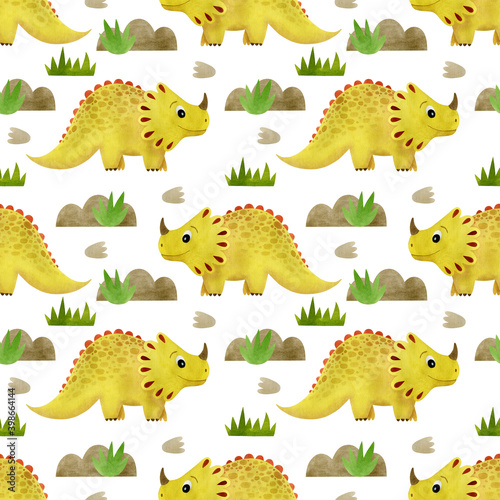 Watercolor drawing seamless pattern with dinosaurs.