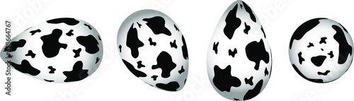 3d Easter eggs in different projections with cow spot pattern, isolated vector illustration on white background. 