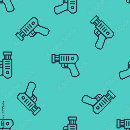 Black line Police electric shocker icon isolated seamless pattern on green background. Shocker for protection. Taser is an electric weapon.  Vector.