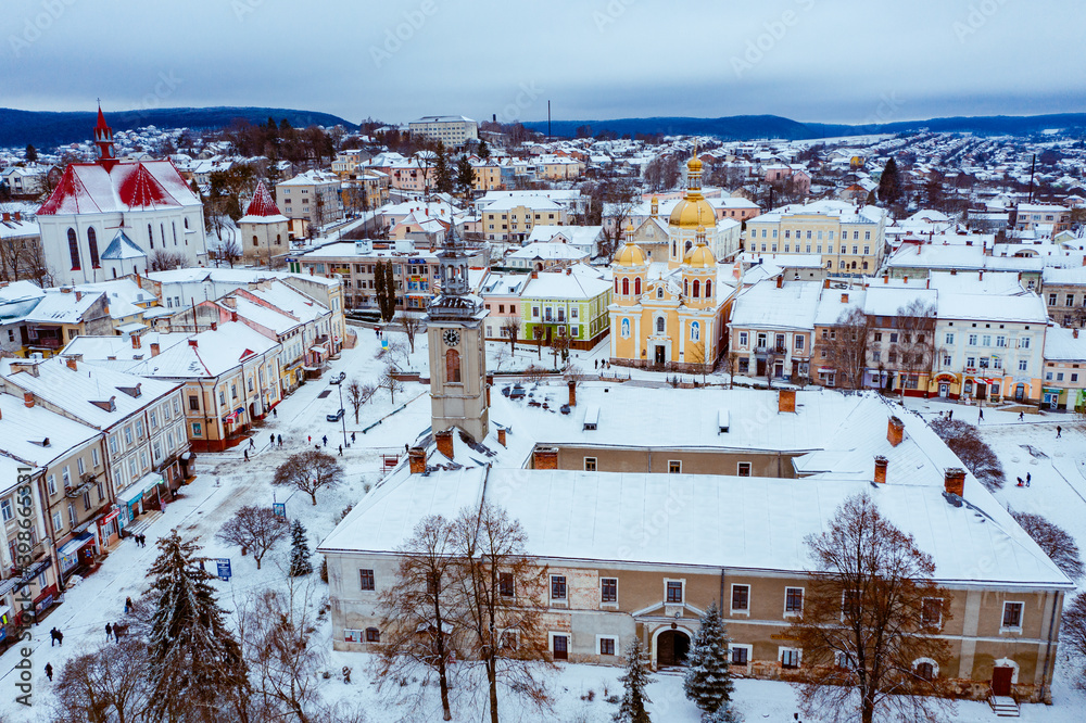 Obraz premium Aerial winter Berezhany city