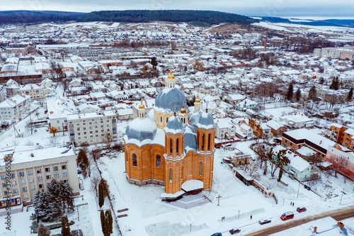 Aerial winter Berezhany city photo