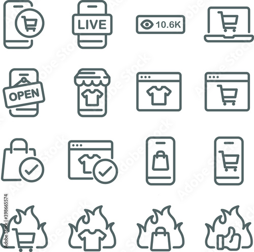 Online Selling icon illustration vector set. Contains such icons as Online shopping, Sale, Hot price, Live online selling, eCommerce, and more. Expanded Stroke