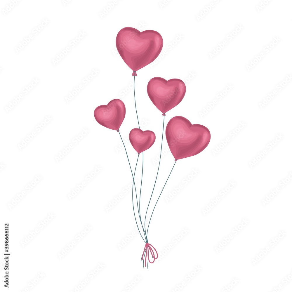 Balloon with hearts in hand drawn style on colorful background. Holiday design. Decorative festive object. Red texture. Modern design