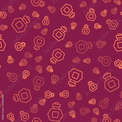 Brown line Perfume icon isolated seamless pattern on red background.  Vector.