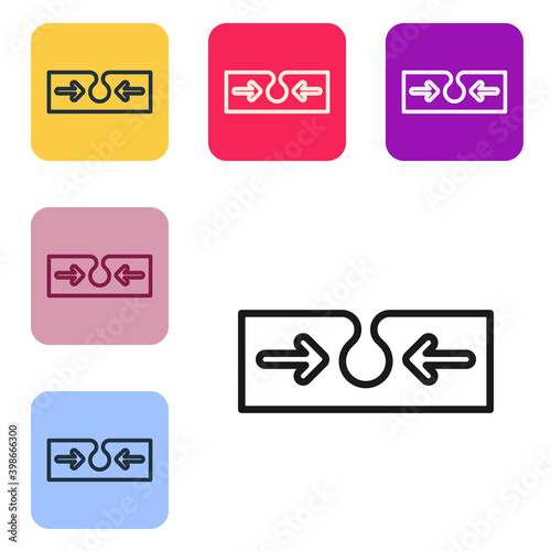 Black line Acne icon isolated on white background. Inflamed pimple on the skin. The sebum in the clogged pore promotes the growth of a bacteria. Set icons in color square buttons. Vector.