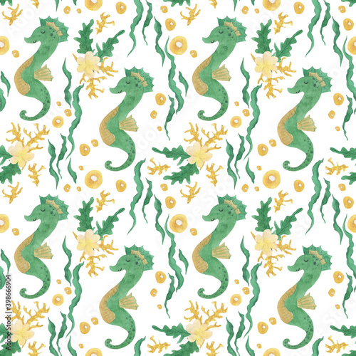 Watercolor painting kids seamless pattern with cute seahorse and seaweed  coral  flowers.