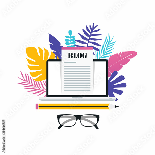 Blog post, blogging, content management, freelance job, article writer, copywritter flat vector illustration design for web banners and apps