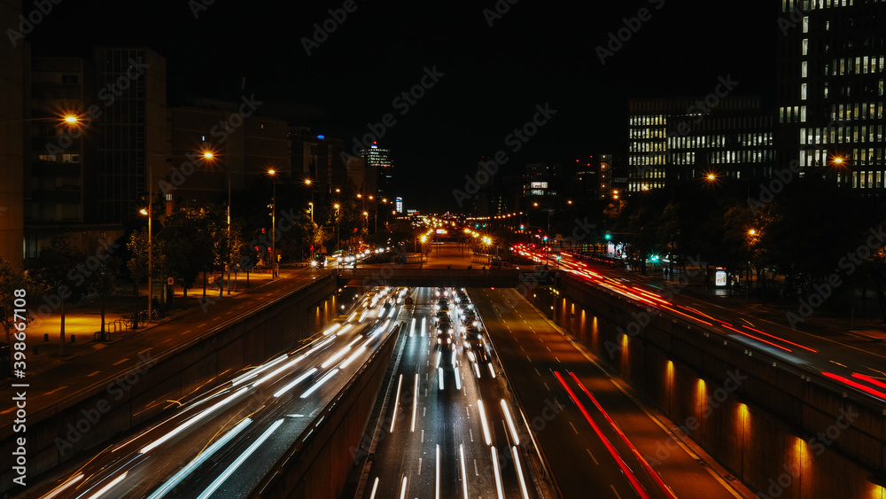 Vehicle traffic at night in a metropolis. Barcelona, ​​long exposure night photography