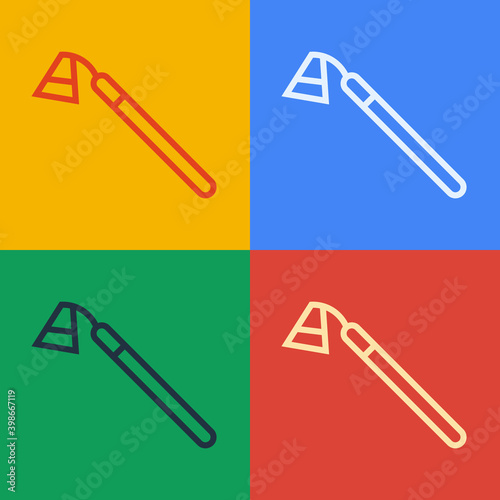 Pop art line Garden hoe icon isolated on color background. Tool for horticulture, agriculture, farming.  Vector.