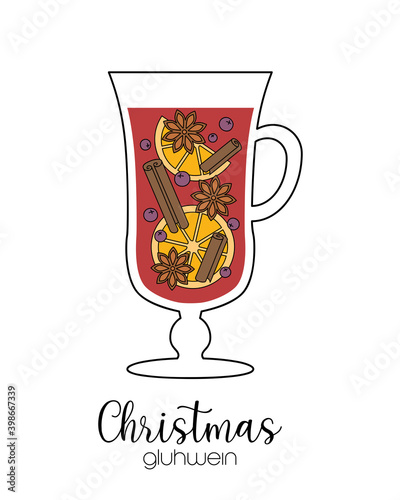 Christmas mulled wine drawing, gluhwein glass doodle vector