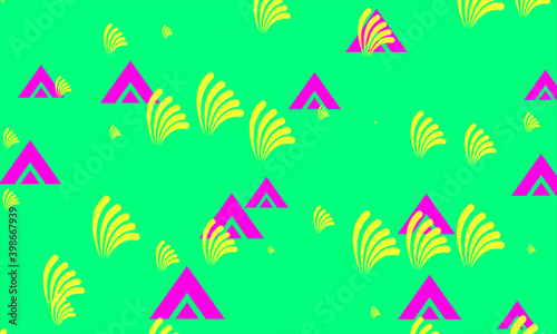 Geometric shapes and shapes in yellow and pink colors on a green background. 