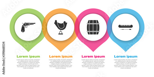 Set Revolver gun, Wild west saddle, Wooden barrel and Kayak or canoe and paddle. Business infographic template. Vector