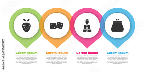 Set Casino slot machine with strawberry, Game dice, Casino dealer and Wallet. Business infographic template. Vector