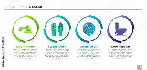 Set Water tap, Rubber gloves, Water meter and Toilet bowl. Business infographic template. Vector