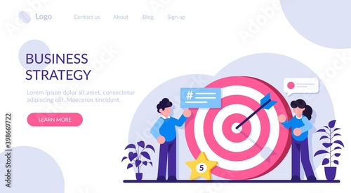 Business Strategy or Vision, big target with people, teamwork. Move up motivation, target achievement, successful contract team work. Modern flat illustration.