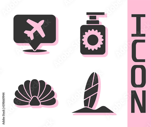 Set Surfboard, Speech bubble with airplane, Scallop sea shell and Sunscreen spray bottle icon. Vector