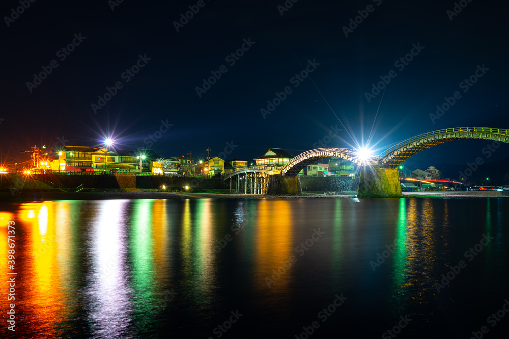 The Kintai Bridge at night in Iwakuni, Japan