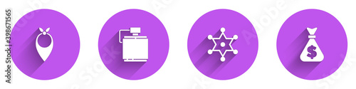 Set Cowboy bandana, Canteen water bottle, Hexagram sheriff and Money bag icon with long shadow. Vector.
