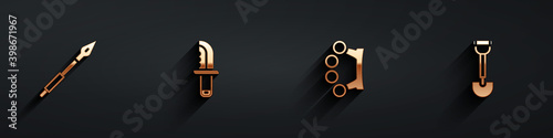 Set Medieval spear, Military knife, Brass knuckles and Sapper shovel icon with long shadow. Vector.