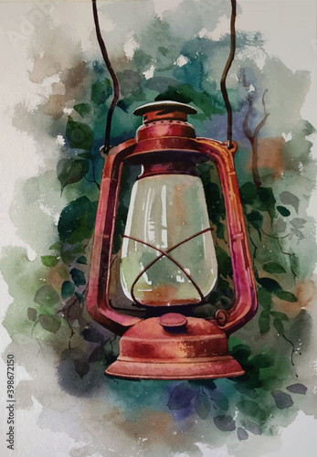 Hand drawn watercolor old oil lamp on the wall illustration Premium Vector
