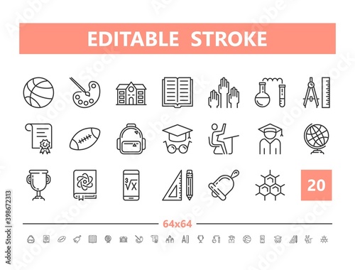 Back to School 20 line icons. Vector illustration in line style. Editable Stroke, 64x64, 256x256, Pixel Perfect.