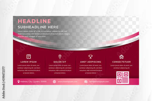 Abstract flyer template design use red color background. horizontal layout with curve border of photo space. square pattern. 