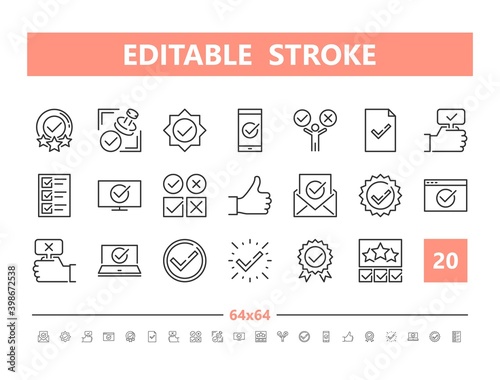 Approve 20 line icons. Vector illustration in line style. Editable Stroke, 64x64, 256x256, Pixel Perfect.