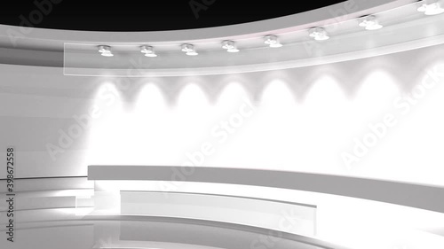 TV studio. Loop animation. White studio. White background. Backdrop for any green screen or chroma key video production. 3d render. 3d