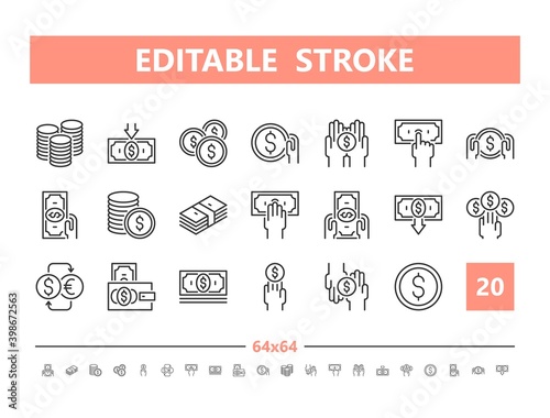 Money 20 line icons. Vector illustration in line style. Editable Stroke, 64x64, 256x256, Pixel Perfect.
