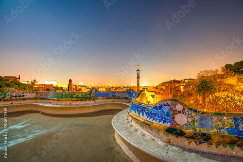 Park Guell at night in Barcelona. Park was built from 1900 to 1914 and was officially opened as a public park in 1926. In 1984, UNESCO declared the park a World Heritage Site