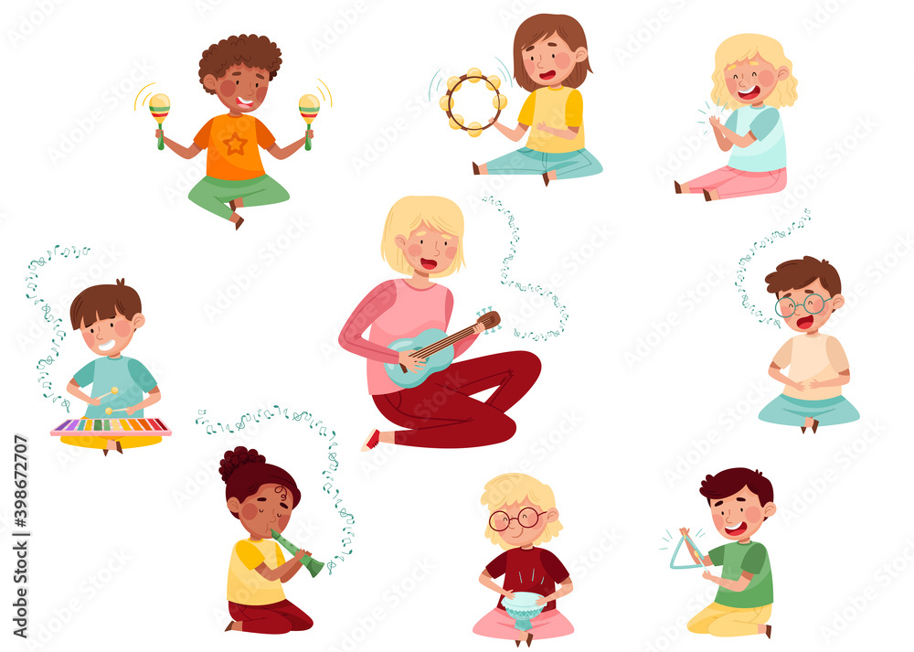 Funny Kid Characters Playing Flute and Keyed Xylophone at Music Lesson Vector Set Funny Kid Characters Playing Flute and Keyed Xylophone at Music Lesson Vector Set