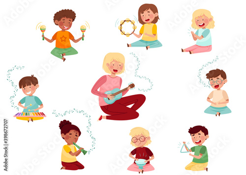 Funny Kid Characters Playing Flute and Keyed Xylophone at Music Lesson Vector Set