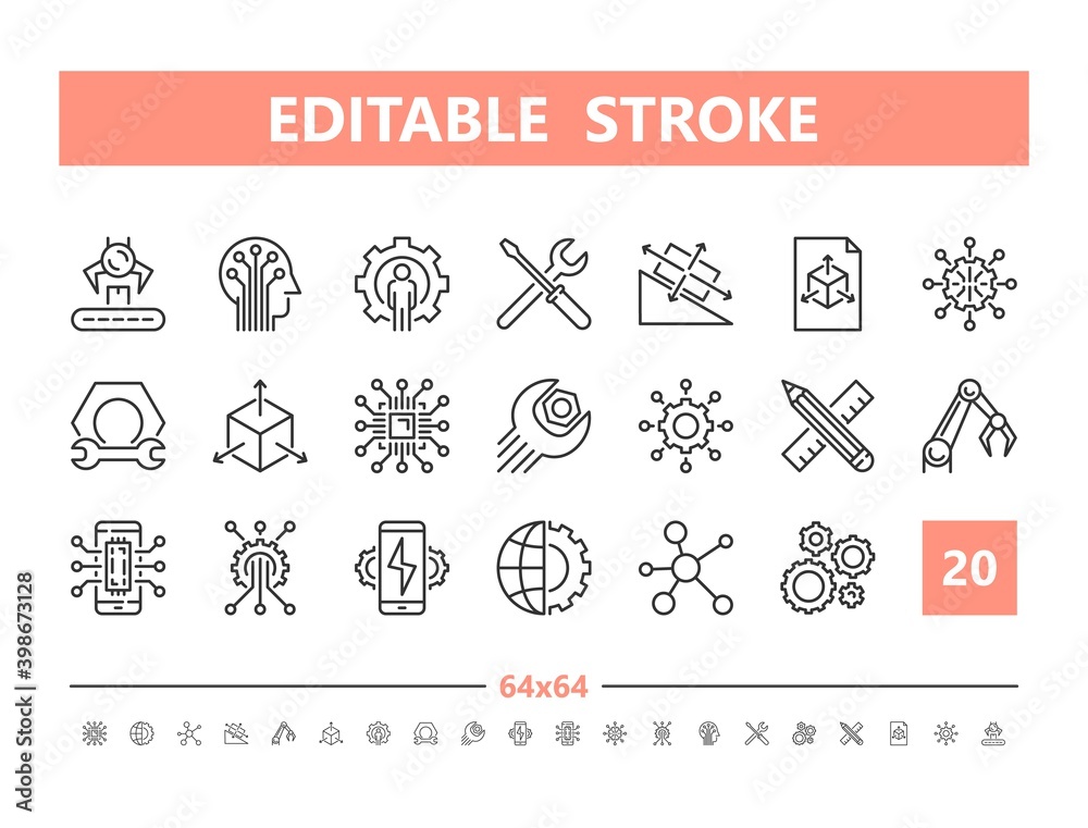 Fototapeta premium Engineering and innovation 20 line icons. Vector illustration in line style. Editable Stroke, 64x64, 256x256, Pixel Perfect.