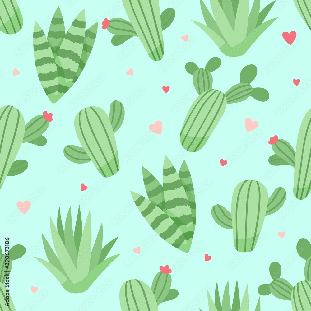 Cute cactus and succulents pattern, vector illustration in flat style Cute cactus and succulents pattern, vector illustration in flat style