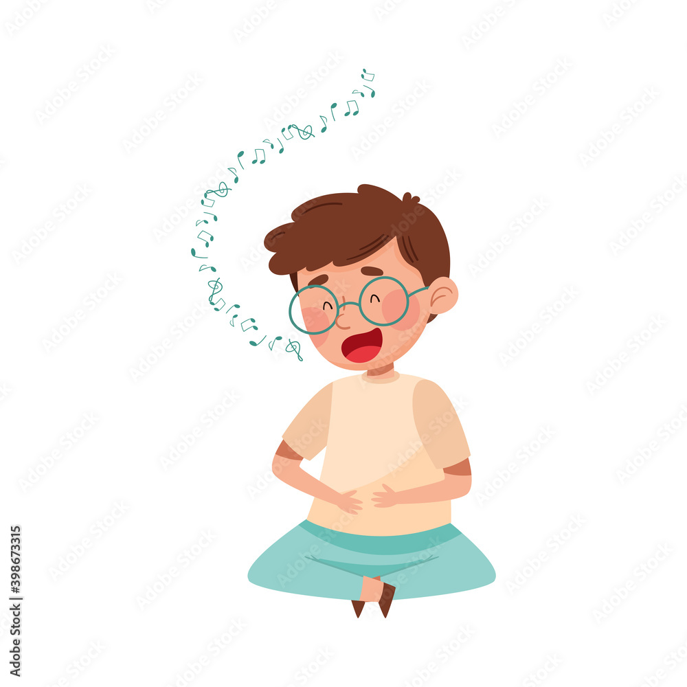 Cute Boy Sitting on Floor and Singing Loudly Vector Illustration