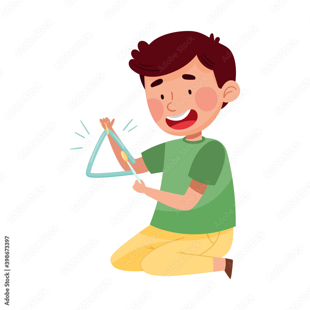 Smiling Boy Character Sitting and Playing Triangle Vector Illustration Smiling Boy Character Sitting and Playing Triangle Vector Illustration