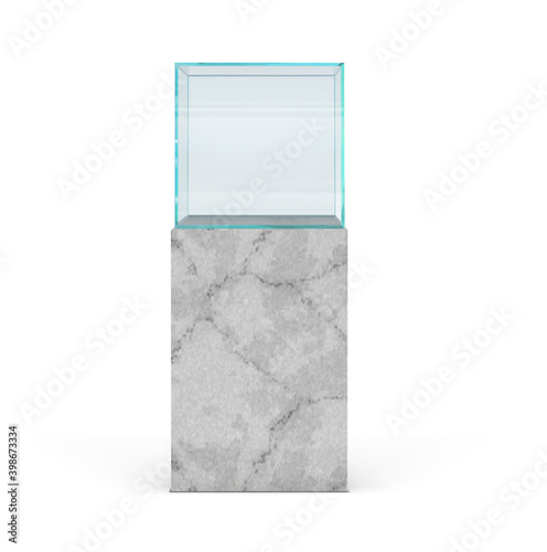 glass showcase cube on high light marble pedestal in frontal projection vector illustration