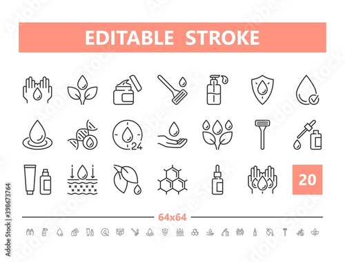 Skin care 20 line icons. Vector illustration in line style. Editable Stroke, 64x64, 256x256, Pixel Perfect.