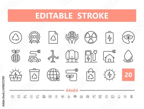 Ecology 20 line icons. Vector illustration in line style. Editable Stroke, 64x64, 256x256, Pixel Perfect.