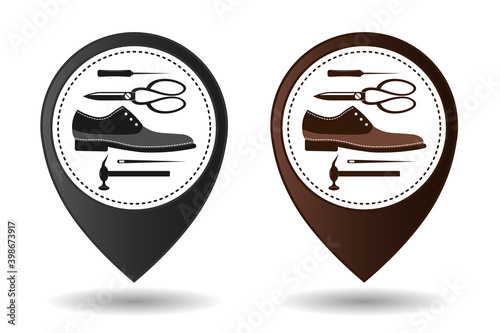 Shoe repair service. Vector image of logo. Trendy concept in old retro style. Geolocation sign