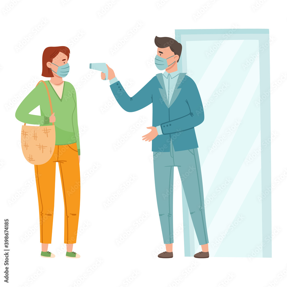 Man in Medical Face Mask Measuring Woman Temperature with Thermometer Before Entry Vector Illustration Man in Medical Face Mask Measuring Woman Temperature with Thermometer Before Entry Vector Illustration