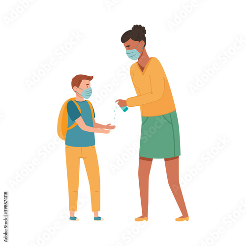 African American Woman in Medical Face Mask Disinfecting Hands of Schoolboy Vector Illustration